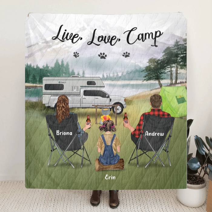 Personalized Camping Quilt Blanket - Parents Up to 3 Kids & 3 Dogs - Gift Idea For The Whole Family - Live, Love, Camp - 341148