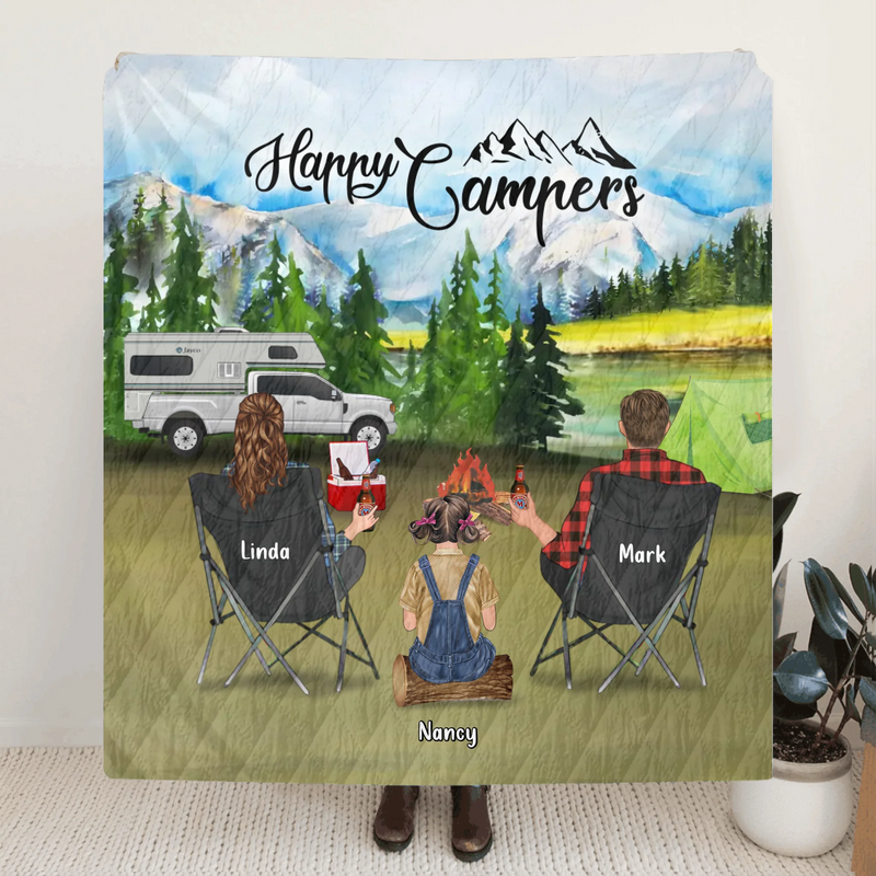 Personalized Camping Quilt - Family Up to 3 Kids and 3 Dogs - Gift For Family - Happy Campers - OFAWC7