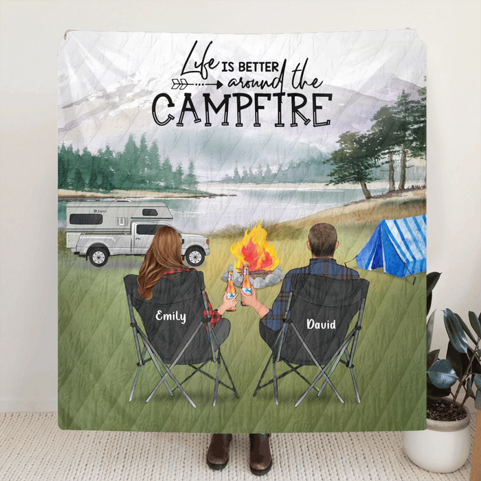 Personalized Camping Quilt - Couple Up to 3 Dogs - Gift For Couple - Life Is Better Around The Campfire V2 - OFAWC7