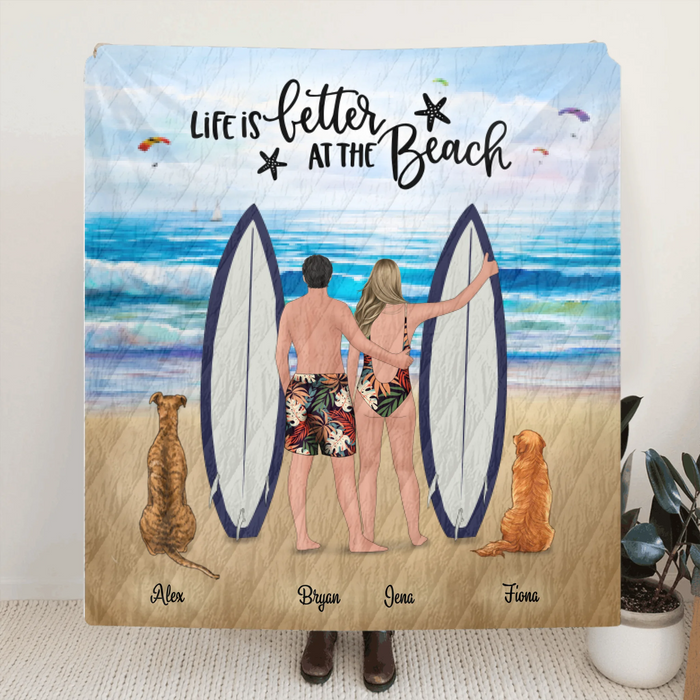 Personalized Surfing Quilt Blanket - Couple Up to 3 Pets - Gift For Couple - Life Is Better At The Beach - NWE3Z0