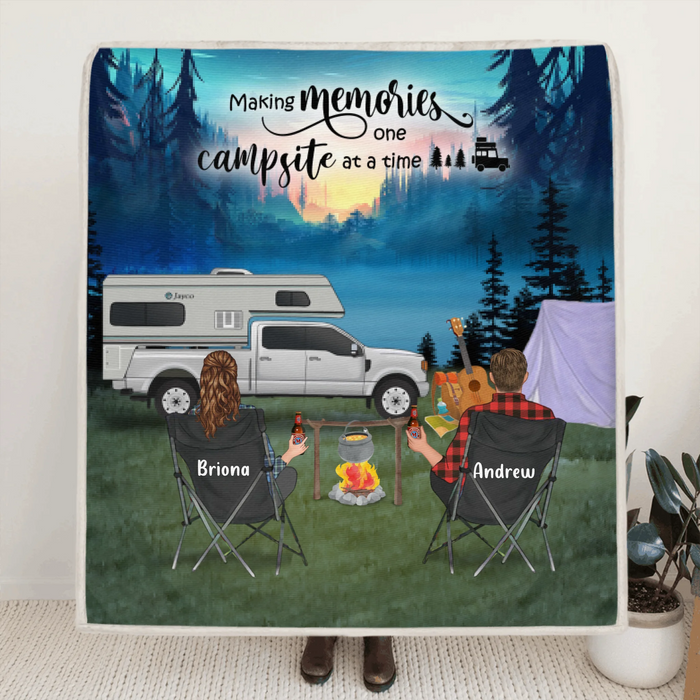 Personalized Camping Blanket, Gift For Couple and Family up to 3 Kids and 3 Dogs - Making Memories One Campsite At A Time - 341148