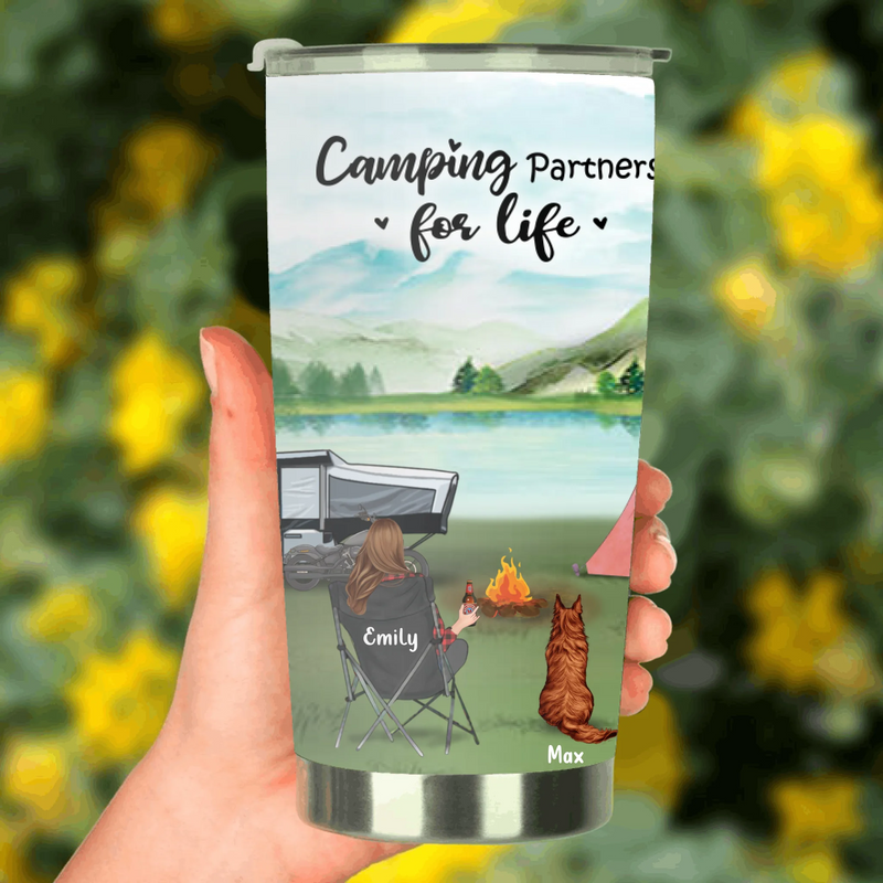 Personalized Camping Tumbler Gift For Whole Family, Camping Lovers - Single Parent/Couple/Parents With Up to 3 Children - 3 Pets  - Camping Partners For Life