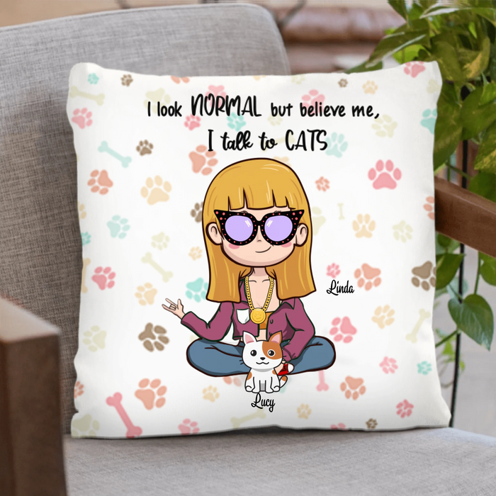 Personalized Cats and Owner Pillow Cover - Mom/Dad and Up to 5 Cats - Father's day gift idea for Cat Dad - I Look Normal But Believe Me, I Talk To Cats - RB2SYX