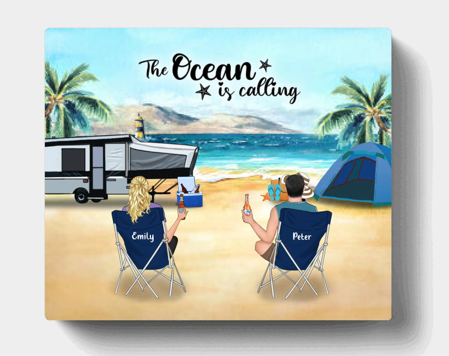 Personalized Beach Camping Canvas - Couple/Parents with up to 4 Kids and 2 Pets - Gift For Father's Day from Wife to Husband - The Ocean Is Calling - 1CTOH9