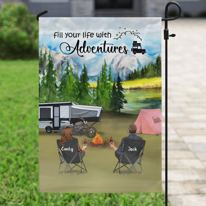 Personalized Camping Garden Flag - Couple with up to 5 Pets - Best Gift For Couple, Camping Lovers - Fill Your Life With Adventures