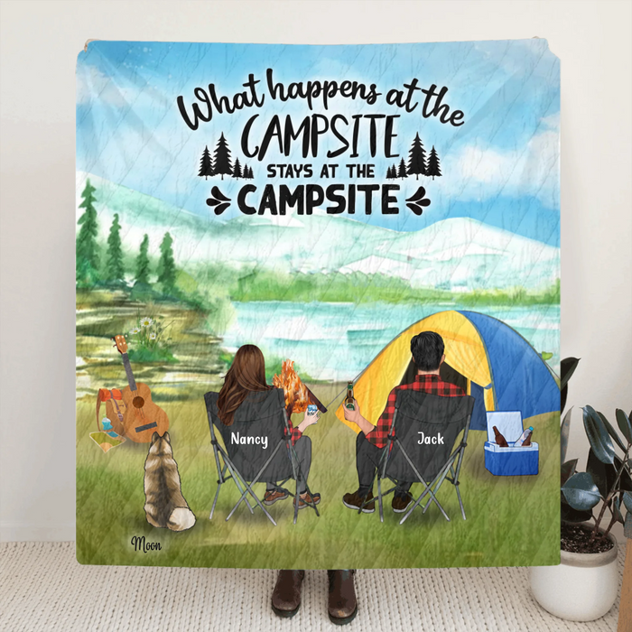 Personalized Camping Tent Quilt/Fleece Blanket - Best Gift Idea For Man/Woman/Couple - Man/Woman/Couple With Up to 3 Pets - What Happens At The Campsite Stays At The Campsite