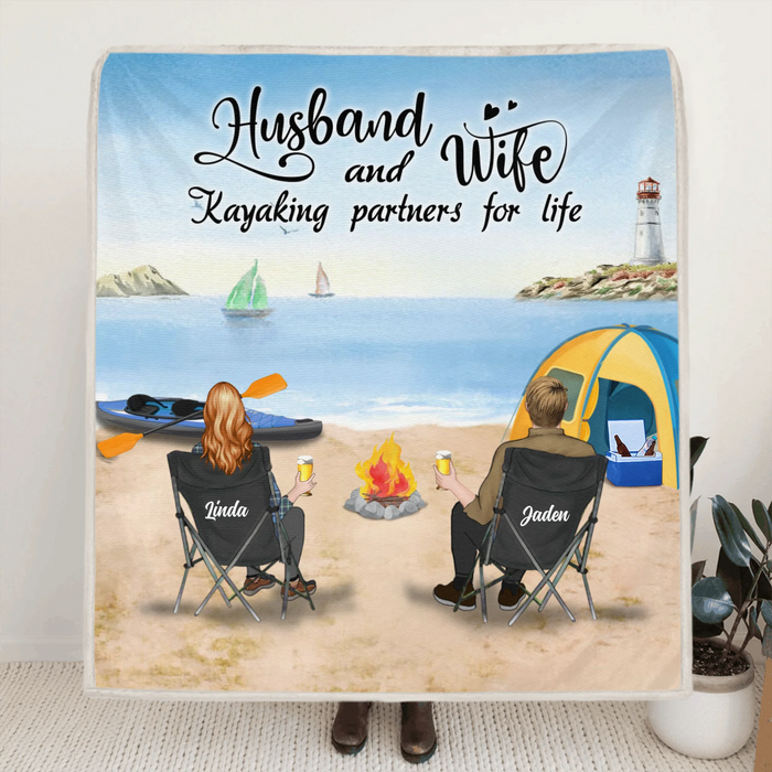Personalized Kayak Camping Quilt/Fleece Blanket - Couple With Up to 3 Dogs - This Is Our Happy Place