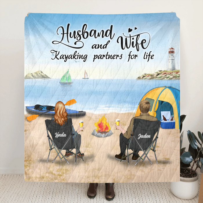 Personalized Kayak Camping Quilt/Fleece Blanket - Couple With Up to 3 Dogs - This Is Our Happy Place