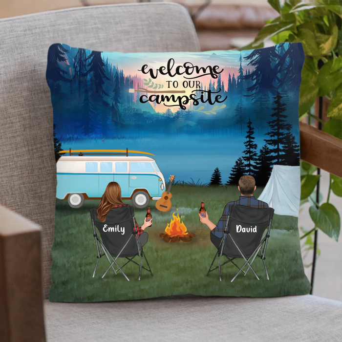 Personalized Camping Throw Pillow Cover - Full Options - Couple With Up to 6 Children and 2 Pets - Gift For Couple, Family - Welcome To Our Campsite