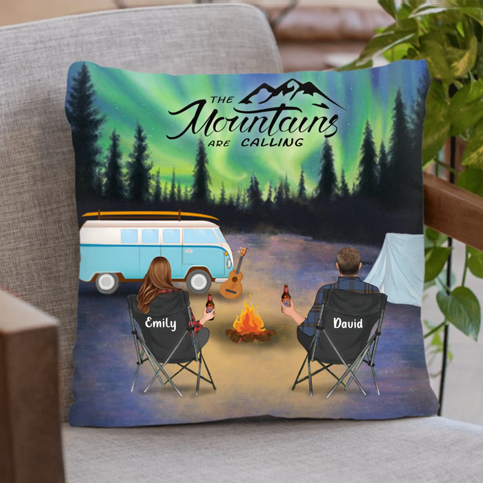Personalized Camping Throw Pillow Cover - Parents With Up to 6 Kids and 6 Pets - Best Gift For Camping Lovers  - The Mountains Are Calling