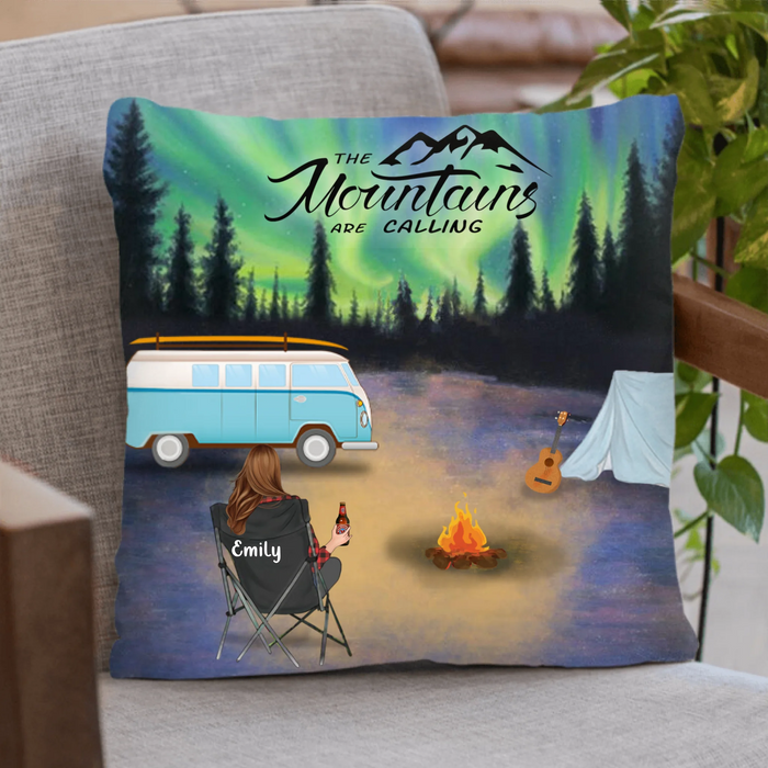 Personalized Camping Throw Pillow Cover - Single Parent with up to 6 Children and 6 Pets - Best Gift For Single Mom/Dad - The Mountains Are Calling