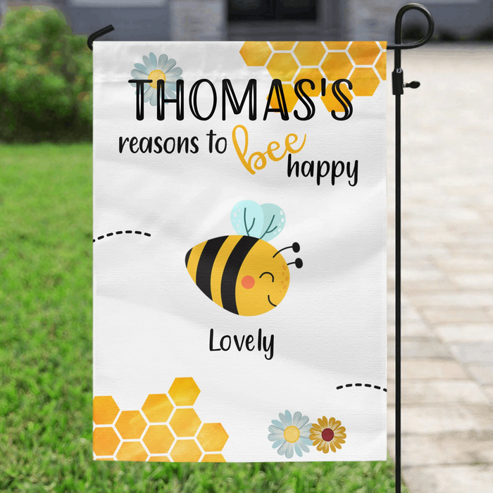 Personalized Bee Garden Flag Sign - Family's Name - Up to 9 Bees - Reasons To Bee Happy