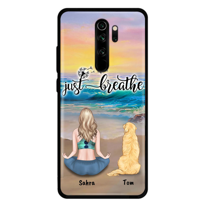 Custom Personalized Yoga Woman & Dog Phone Case - Upto 2 Dogs - Gifts For Yoga/ Dog Lovers - Just Breathe - Case For iPhone, Samsung And Xiaomi - 606HWH