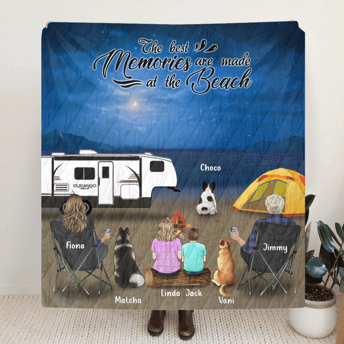Personalized Night Camping At Beach Fleece/Quilt Blanket - Whole Family Up to 2 Kids 3 Pets - R8SZGQ