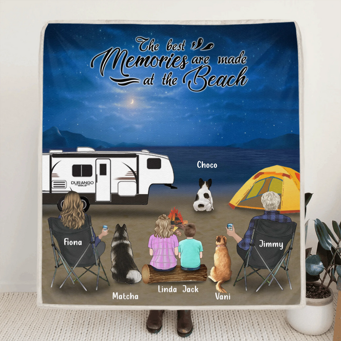 Personalized Night Camping At Beach Fleece/Quilt Blanket - Whole Family Up to 2 Kids 3 Pets - R8SZGQ