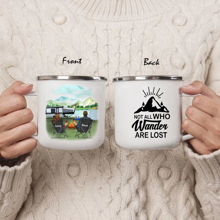 Personalized Camping Enamel Mug - Couple/Parents With Up to 4 Kids And 6 Pets - Gift For Family - Not All Who Wander Are Lost