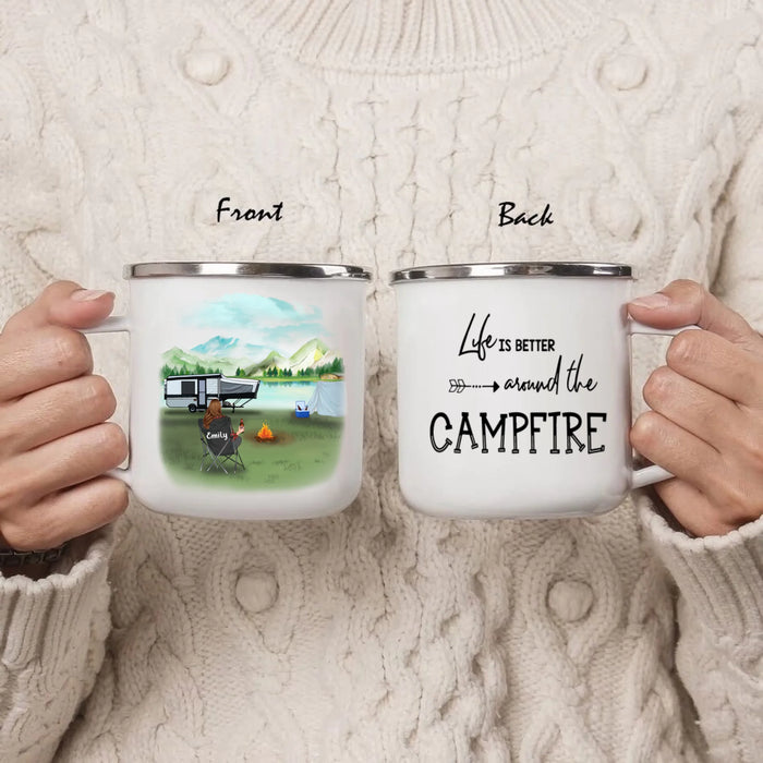Personalized Camping Enamel Mug - Up to 4 Kids And 5 Pets - Best Gift For Camping Lover - Life Is Better Around The Camfire