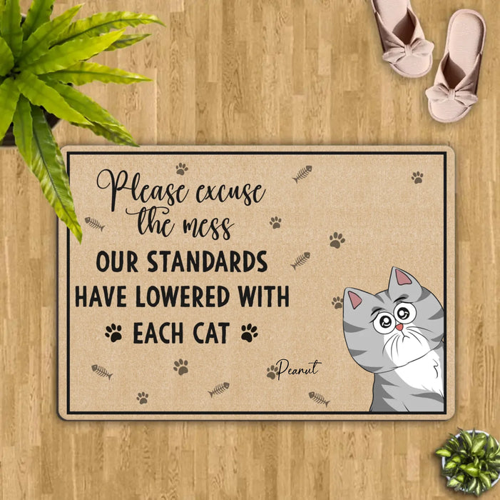 Personalized Cats Doormat - Up to 7 Cats - Gift Idea For Cat Lover - Please Excuse The Mes Our Standards Have Lowered With Each Cat
