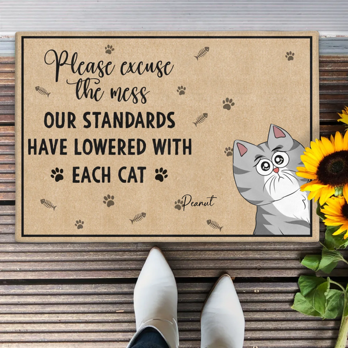 Personalized Cats Doormat - Up to 7 Cats - Gift Idea For Cat Lover - Please Excuse The Mes Our Standards Have Lowered With Each Cat