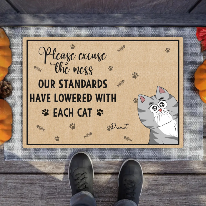 Personalized Cats Doormat - Up to 7 Cats - Gift Idea For Cat Lover - Please Excuse The Mes Our Standards Have Lowered With Each Cat
