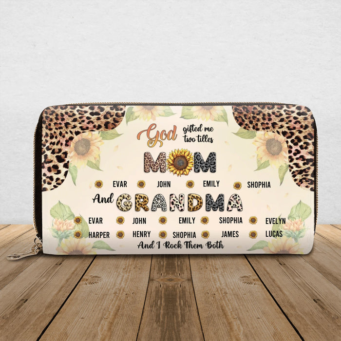 Personalized Mom Grandma Wallet - Leopard Print, Sunflower Design - Best Gift for Mother/Grandma
