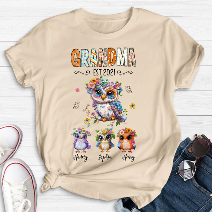 Personalized Owl Grandma Embroidered Effect Design Shirt - Up to 6 Kids - Mother's Day Gift Idea for Grandma & Mom