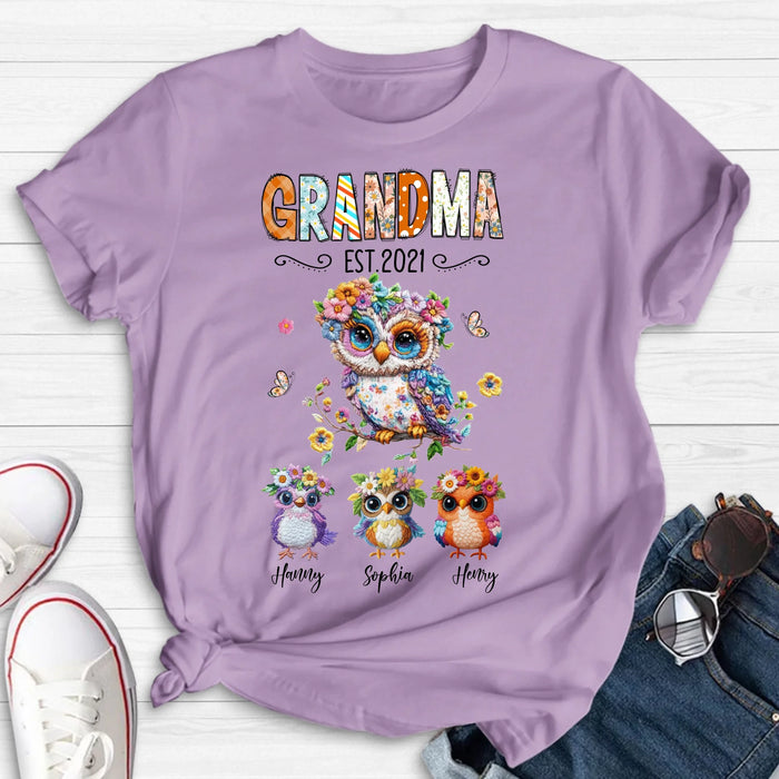 Personalized Owl Grandma Embroidered Effect Design Shirt - Up to 6 Kids - Mother's Day Gift Idea for Grandma & Mom