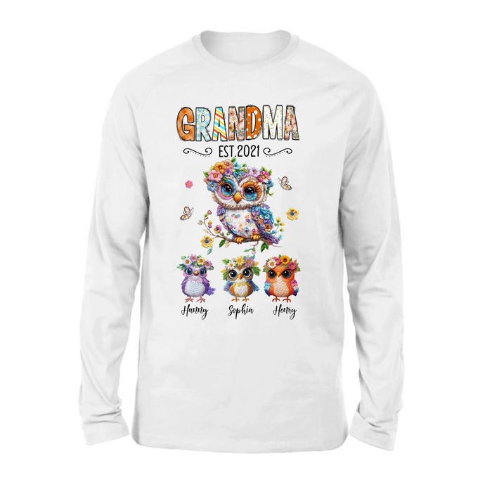 Personalized Owl Grandma Embroidered Effect Design Shirt - Up to 6 Kids - Mother's Day Gift Idea for Grandma & Mom