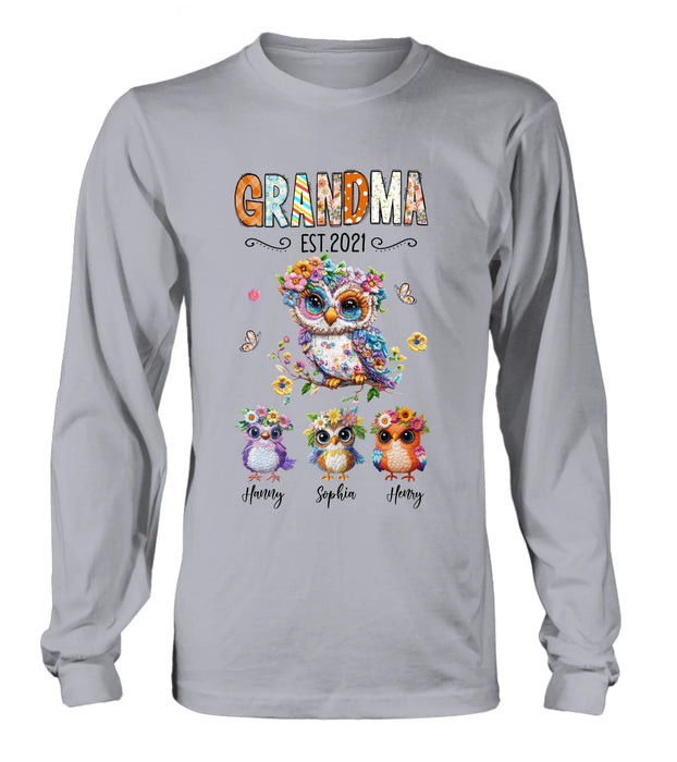 Personalized Owl Grandma Embroidered Effect Design Shirt - Up to 6 Kids - Mother's Day Gift Idea for Grandma & Mom