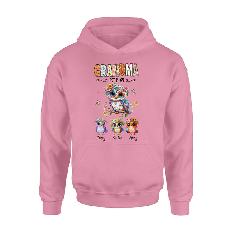 Personalized Owl Grandma Embroidered Effect Design Shirt/Hoodie - Up to 6 Kids - Mother's Day Gift Idea for Grandma/Mom