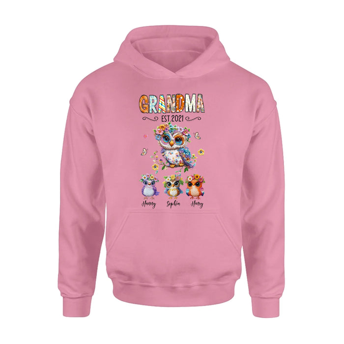 Personalized Owl Grandma Embroidered Effect Design Shirt - Up to 6 Kids - Mother's Day Gift Idea for Grandma & Mom
