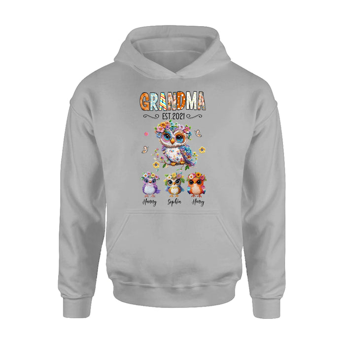 Personalized Owl Grandma Embroidered Effect Design Shirt - Up to 6 Kids - Mother's Day Gift Idea for Grandma & Mom