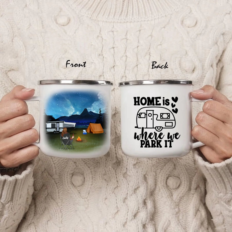 Personalized Night Camping Enamel Mug - Best Gift For Camping Family/Couple/Single Parent/Solo - Up to 4 Kids and 6 Pets - Home Is Where We Park It