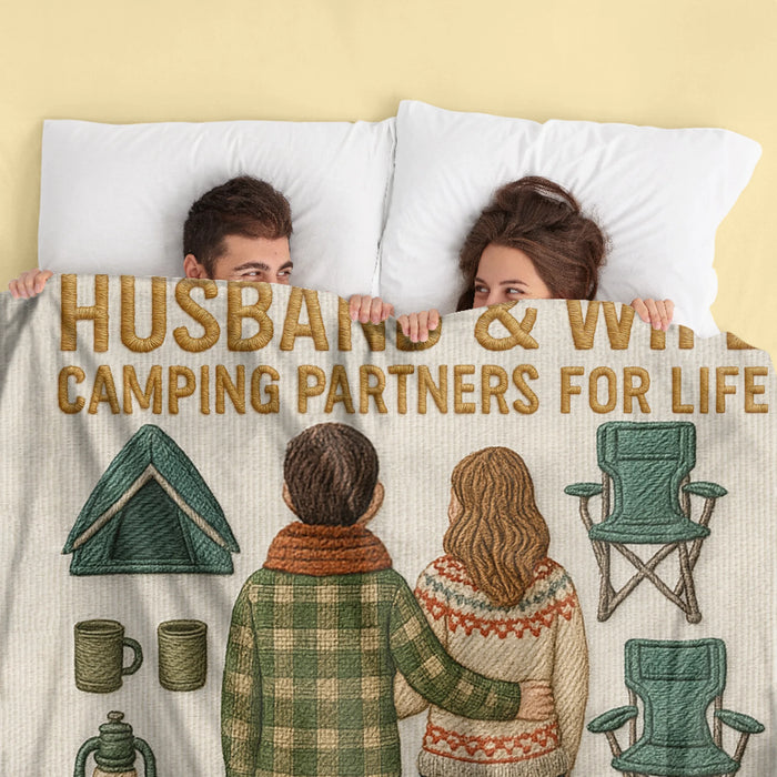Personalized Toy Box Camping Couple Quilt/Fleece Throw Blanket - Gift Idea For Couple/Camping Lover - Husband And Wife Camping Partners For Life