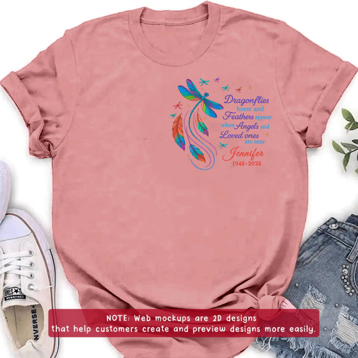 Personalized Memorial Embroidered T-Shirt/Sweater/Hoodie - Memorial Gift Idea - Dragonflies Hover And Feathers Appear When Angels And Loved Ones Are Near