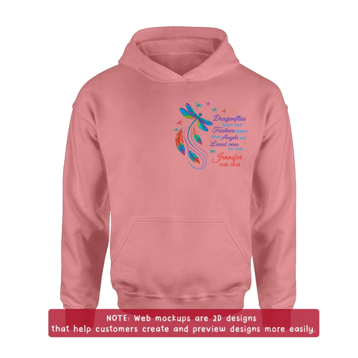Personalized Memorial Embroidered T-Shirt/Sweater/Hoodie - Memorial Gift Idea - Dragonflies Hover And Feathers Appear When Angels And Loved Ones Are Near