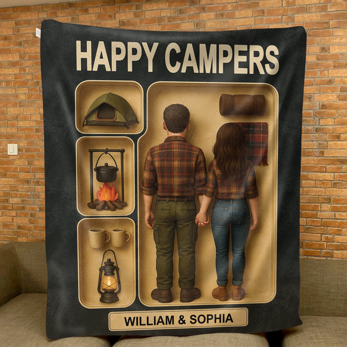 Personalized Camping Couple Toy Box Quilt/Fleece Throw Blanket - Gift Idea For Couple/Camping Lover - Happy Campers