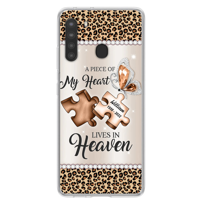 Custom Personalized Memorial Leopard Phone Case - Memorial Gift Idea for Family Member/ Father's Day/ Mother's Day - Case for iPhone/ Samsung - A Piece Of My Heart Lives In Heaven