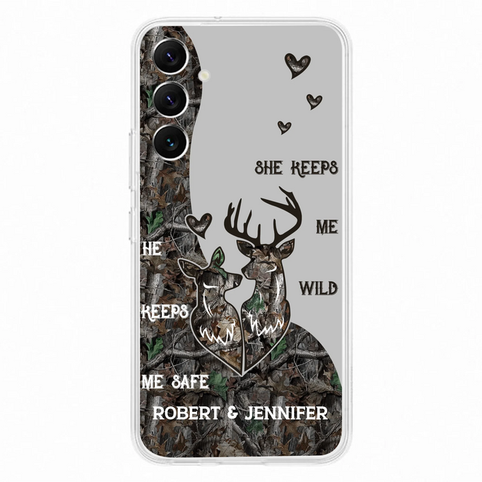 Custom Personalized Deer Couple Phone Case - Gift Idea For Couple - He Keeps Me Safe She Keeps Me Wild - Case For iPhone/Samsung