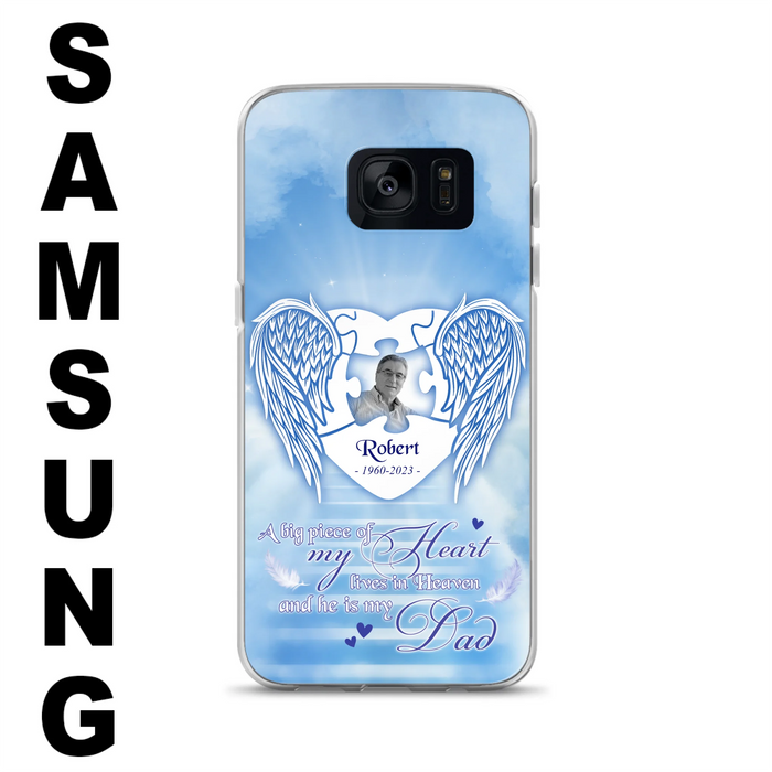 Custom Personalized Memorial Photo Phone Case - Memorial Gift Idea For Family - A Big Piece Of My Heart Lives In Heaven And He Is My Dad - Case For iPhone/Samsung