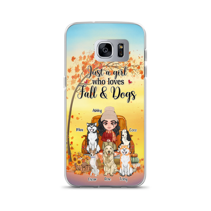 Custom Personalized Dog Mom Fall Season Phone Case - Autumn Gift Idea For Dog Owners - Upto 5 Dogs -  Case For iPhone/Samsung - Just A Girl Who Loves Fall & Dogs