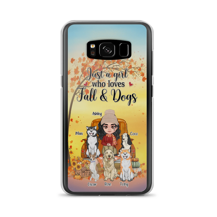 Custom Personalized Dog Mom Fall Season Phone Case - Autumn Gift Idea For Dog Owners - Upto 5 Dogs -  Case For iPhone/Samsung - Just A Girl Who Loves Fall & Dogs