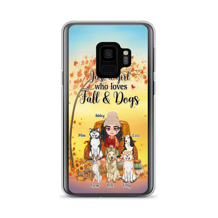 Custom Personalized Dog Mom Fall Season Phone Case - Autumn Gift Idea For Dog Owners - Upto 5 Dogs -  Case For iPhone/Samsung - Just A Girl Who Loves Fall & Dogs