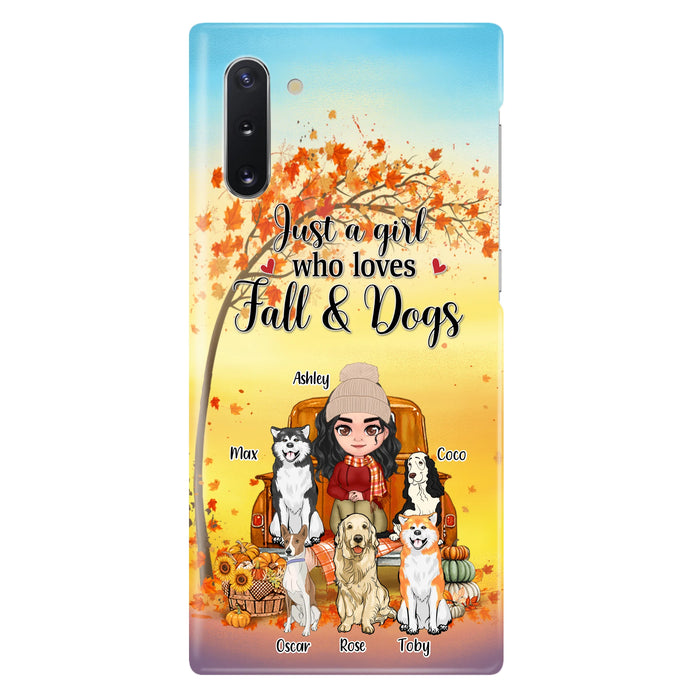 Custom Personalized Dog Mom Fall Season Phone Case - Autumn Gift Idea For Dog Owners - Upto 5 Dogs -  Case For iPhone/Samsung - Just A Girl Who Loves Fall & Dogs