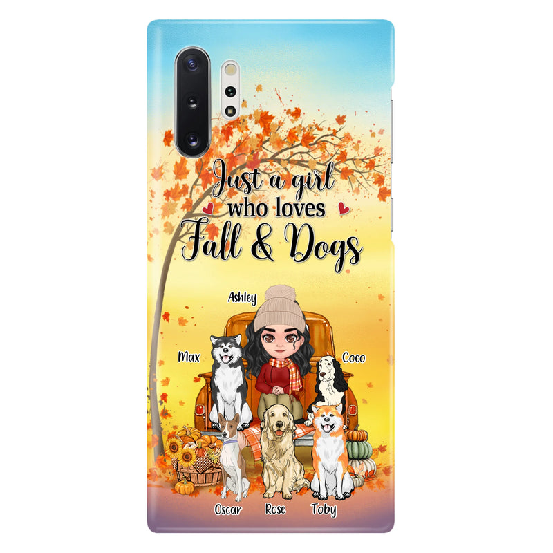 Custom Personalized Dog Mom Fall Season Phone Case - Autumn Gift Idea For Dog Owners - Upto 5 Dogs -  Case For iPhone/Samsung - Just A Girl Who Loves Fall & Dogs