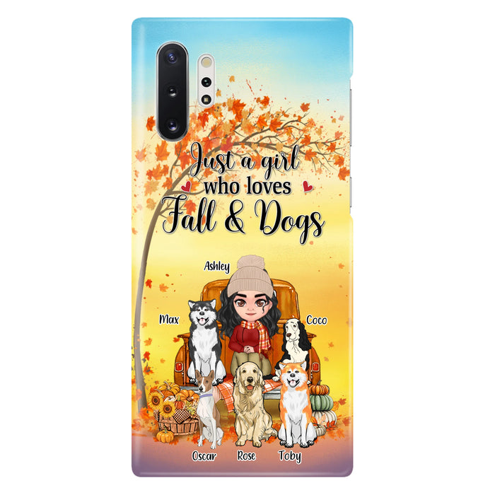 Custom Personalized Dog Mom Fall Season Phone Case - Autumn Gift Idea For Dog Owners - Upto 5 Dogs -  Case For iPhone/Samsung - Just A Girl Who Loves Fall & Dogs