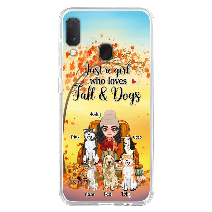Custom Personalized Dog Mom Fall Season Phone Case - Autumn Gift Idea For Dog Owners - Upto 5 Dogs -  Case For iPhone/Samsung - Just A Girl Who Loves Fall & Dogs