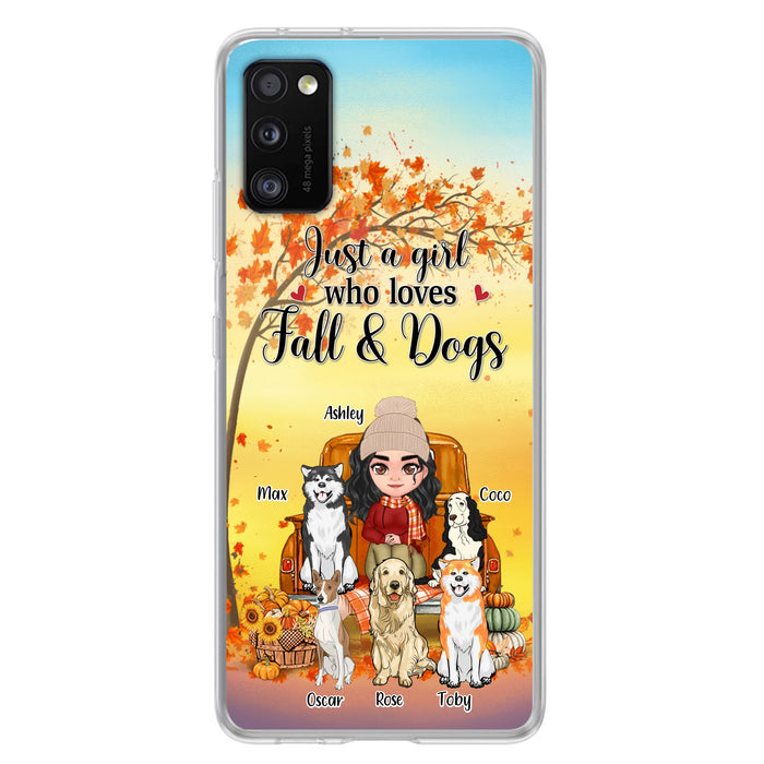 Custom Personalized Dog Mom Fall Season Phone Case - Autumn Gift Idea For Dog Owners - Upto 5 Dogs -  Case For iPhone/Samsung - Just A Girl Who Loves Fall & Dogs