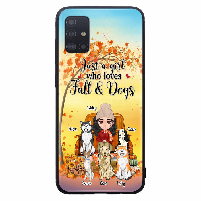 Custom Personalized Dog Mom Fall Season Phone Case - Autumn Gift Idea For Dog Owners - Upto 5 Dogs -  Case For iPhone/Samsung - Just A Girl Who Loves Fall & Dogs