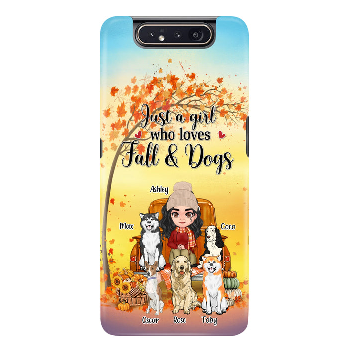 Custom Personalized Dog Mom Fall Season Phone Case - Autumn Gift Idea For Dog Owners - Upto 5 Dogs -  Case For iPhone/Samsung - Just A Girl Who Loves Fall & Dogs
